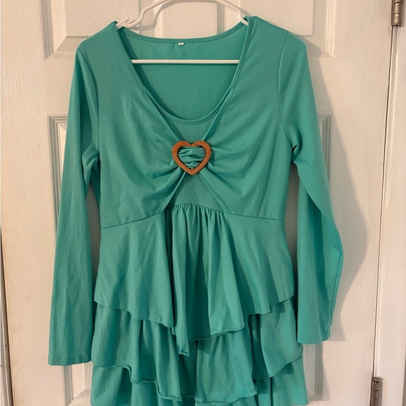 Y2K Boho Heart Buckle Ruffle Tiered Mini Dress Teal Long Sleeve Large - Picture 2 of 7